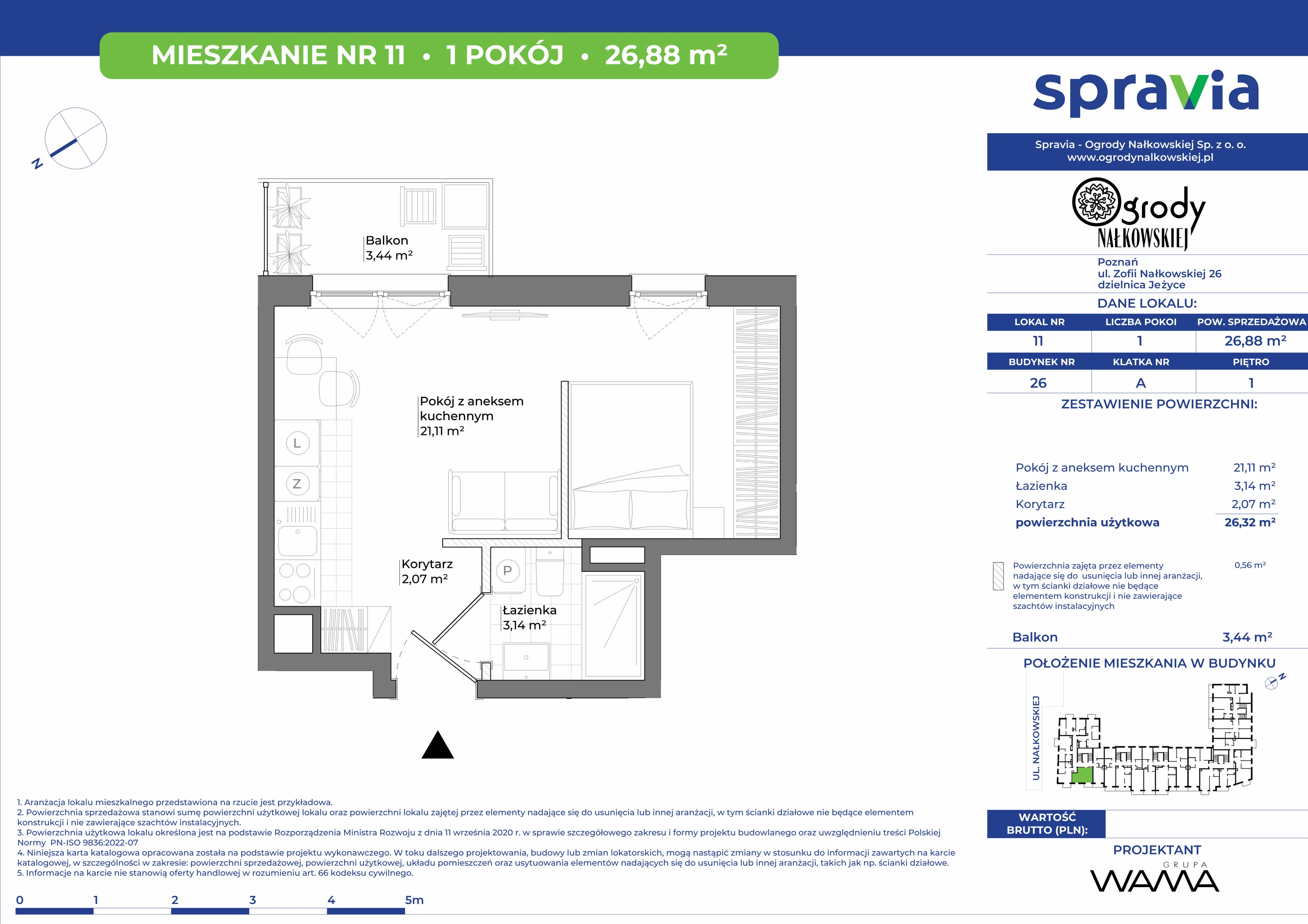 1 pokój, mieszkanie 26,88 m², piętro 1, oferta nr 26-11, Ogrody Nałkowskiej, Poznań, Ogrody, ul. Nałkowskiej 24, 26